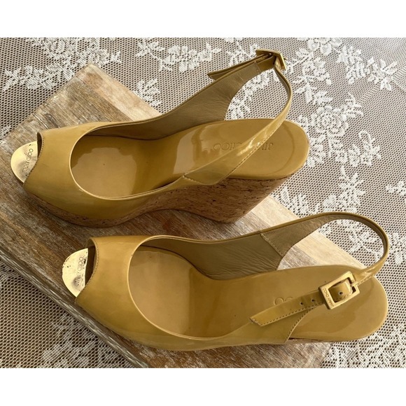 Jimmy Choo Shoes - Jimmy Choo Praise Cork Patent Leather Yellow  Platform Slingback Wedge S 38.5